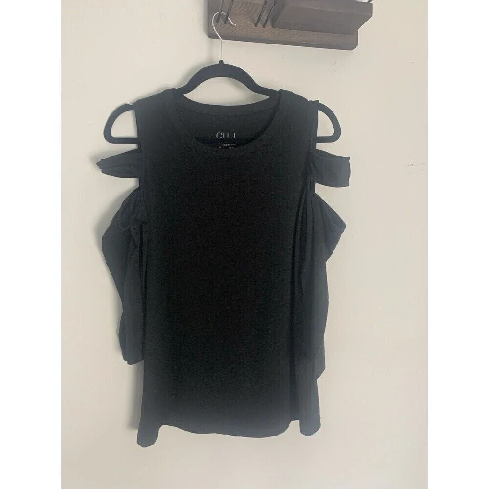 G.I.L.I Women’s Black Cold Shoulder 3/4 Sleeve  Crew Neck Pullover Top Large